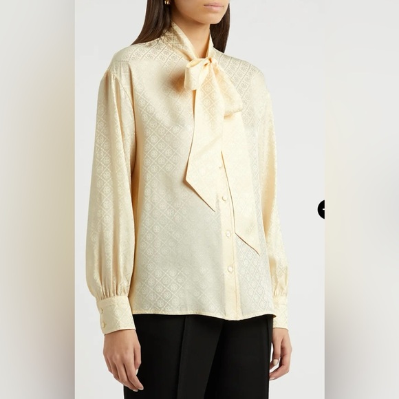Tory Burch French-cream Tie Neck silk blouse; Jacquard logo; NWT - Picture 2 of 11